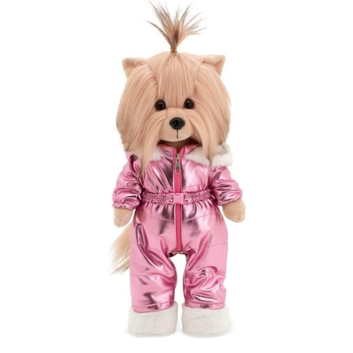 Lucky Doggy Yoyo 38 cm Orange Toys pluszowy piesek jasnobeżowy yorkshire terrier, zgina łapki, błyszczący różowy kombinezon z kapturem