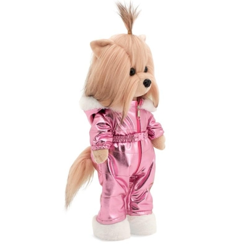 Lucky Doggy Yoyo 38 cm Orange Toys pluszowy piesek jasnobeżowy yorkshire terrier, zgina łapki, błyszczący różowy kombinezon z kapturem