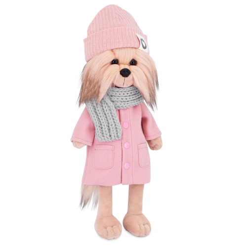 Lucky Doggy Yoyo 38 cm Orange Toys pluszowy piesek jasnobeżowy yorkshire terrier, zgina łapki, różowy płaszczyk, różowa czapeczka, szary szalik