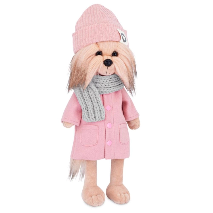 Lucky Doggy Yoyo 38 cm Orange Toys pluszowy piesek jasnobeżowy yorkshire terrier, zgina łapki, różowy płaszczyk, różowa czapeczka, szary szalik