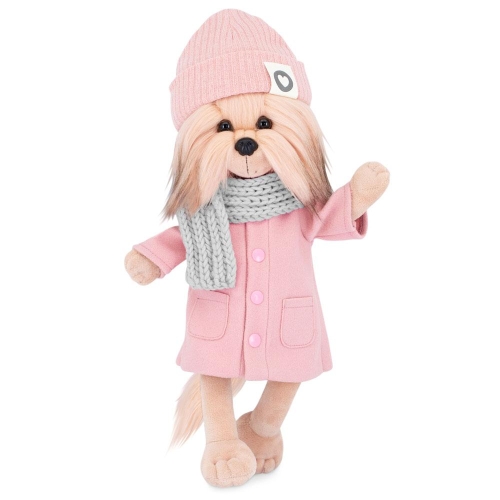 Lucky Doggy Yoyo 38 cm Orange Toys pluszowy piesek jasnobeżowy yorkshire terrier, zgina łapki, różowy płaszczyk, różowa czapeczka, szary szalik