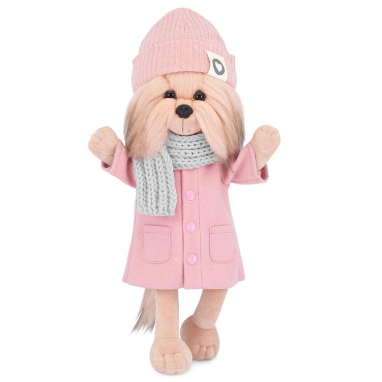 Lucky Doggy Yoyo 38 cm Orange Toys pluszowy piesek jasnobeżowy yorkshire terrier, zgina łapki, różowy płaszczyk, różowa czapeczka, szary szalik