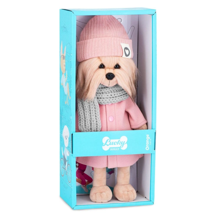 Lucky Doggy Yoyo 38 cm Orange Toys pluszowy piesek jasnobeżowy yorkshire terrier, zgina łapki, różowy płaszczyk, różowa czapeczka, szary szalik