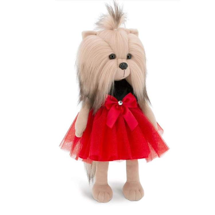 Lucky Doggy Yoyo 38 cm Orange Toys pluszowy piesek jasnobeżowy yorkshire terrier, zgina łapki, czarno-czerwona sukienka