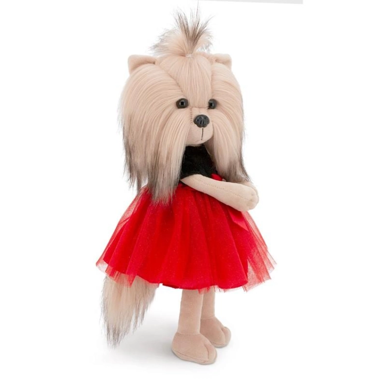 Lucky Doggy Yoyo 38 cm Orange Toys pluszowy piesek jasnobeżowy yorkshire terrier, zgina łapki, czarno-czerwona sukienka