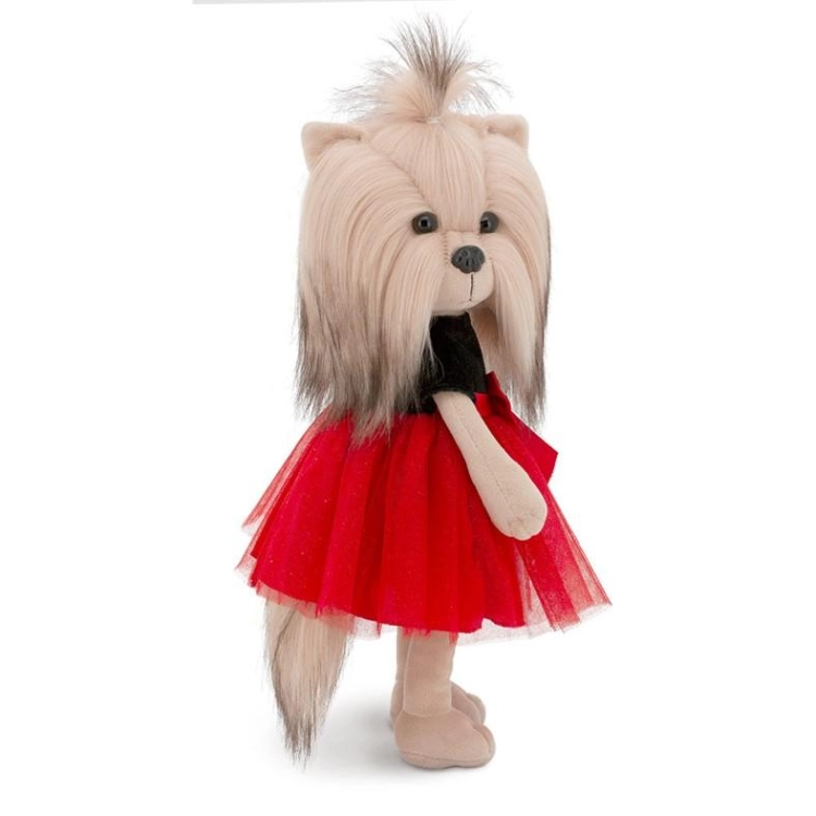 Lucky Doggy Yoyo 38 cm Orange Toys pluszowy piesek jasnobeżowy yorkshire terrier, zgina łapki, czarno-czerwona sukienka