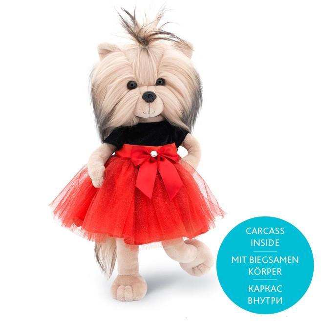Lucky Doggy Yoyo 38 cm Orange Toys pluszowy piesek jasnobeżowy yorkshire terrier, zgina łapki, czarno-czerwona sukienka