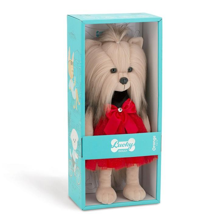 Lucky Doggy Yoyo 38 cm Orange Toys pluszowy piesek jasnobeżowy yorkshire terrier, zgina łapki, czarno-czerwona sukienka