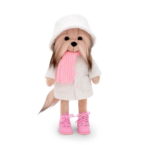Lucky Doggy Yoyo 38 cm Orange Toys pluszowy piesek jasnobeżowy yorkshire terrier, zgina łapki, kapelusik, płaszczyk, różowy szalik i buciki