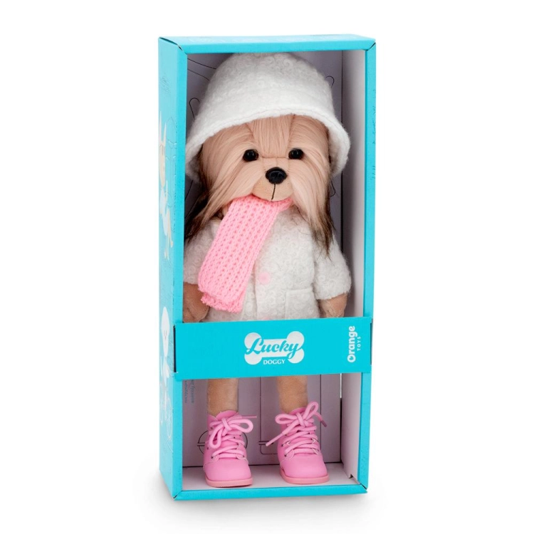 Lucky Doggy Yoyo 38 cm Orange Toys pluszowy piesek jasnobeżowy yorkshire terrier, zgina łapki, kapelusik, płaszczyk, różowy szalik i buciki