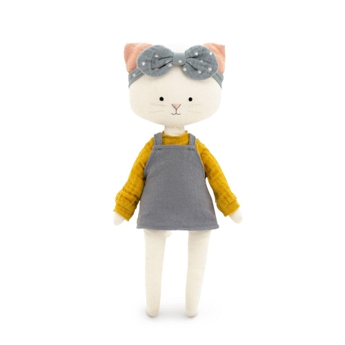 Cotti Motti Kot Christy 30 cm Orange Toys, materiałowa maskotka, musztardowa bluzeczka, szara sukienka na szelki, opaska z kokardką