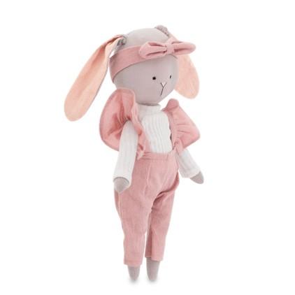 Cotti Motti Króliczek Lucy 30 cm Orange Toys, materiałowa maskotka, biała bluzka, różowe spodnie z szelkami, opaska