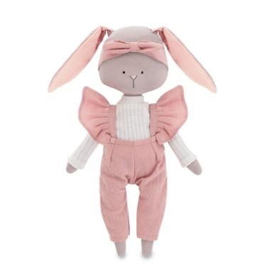 Cotti Motti Króliczek Lucy 30 cm Orange Toys, materiałowa maskotka, biała bluzka, różowe spodnie z szelkami, opaska