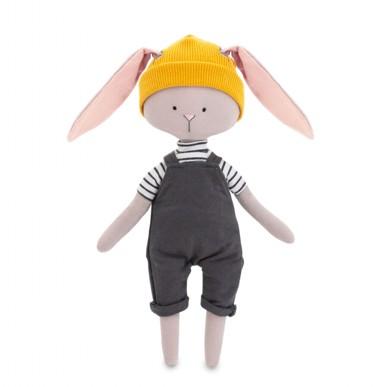 Cotti Motti Króliczek Timmy 30 cm Orange Toys, materiałowa maskotka, bluzka w paski, spodnie z szelkami, żółta czapeczka