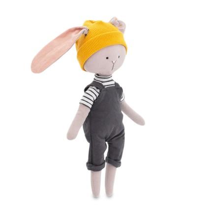Cotti Motti Króliczek Timmy 30 cm Orange Toys, materiałowa maskotka, bluzka w paski, spodnie z szelkami, żółta czapeczka