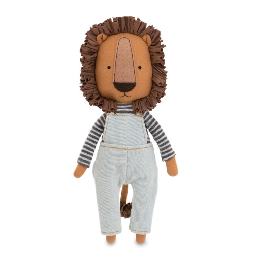 Cotti Motti Lew Simon 30 cm Orange Toys, materiałowa maskotka, bluzka w paseczki, spodnie ogrodniczki