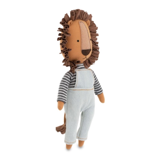 Cotti Motti Lew Simon 30 cm Orange Toys, materiałowa maskotka, bluzka w paseczki, spodnie ogrodniczki