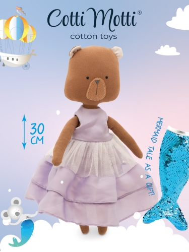 Cotti Motti Niedźwiedź Oscar 30 cm Orange Toys, materiałowa maskotka, jasnofioletowa sukienka, w komplecie drugie ubranko - strój syrenki