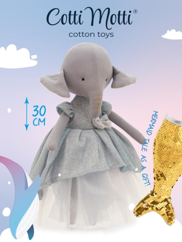 Cotti Motti Słoń Ali 30 cm Orange Toys, materiałowa maskotka, sukienka,  w komplecie drugie ubranko - strój syrenki
