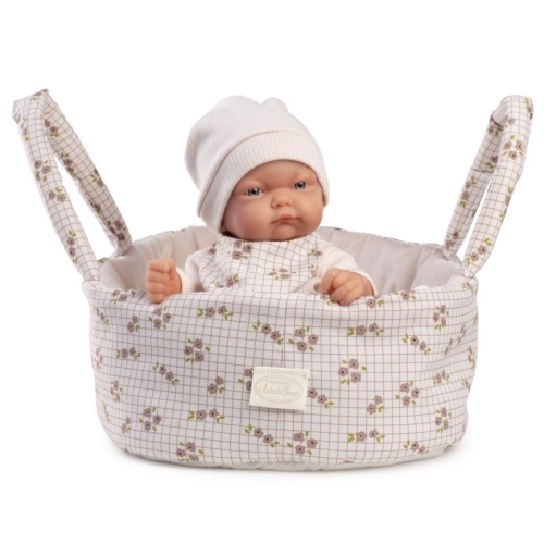 Lalka Hiszpańska Antonio Juan 26 cm Pitu 84087, bobas cały z winylu, dziewczynka, bez włosów, w ubranku, nosidełko