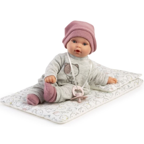 Lalka Hiszpańska 27 cm Antonio Juan 11115 Kika, bobas miękki brzuszek, płacze, mówi mama papa, bez włosów, w ubranku, magnetyczny smoczek, kołderka i poduszka