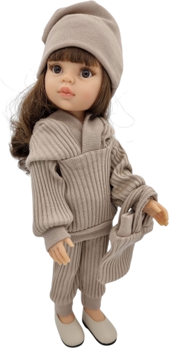 Komplet dla lalki Paola Reina Amigas 32 cm w kolorze beżowym, czapka, bluza z kapturem, spodnie, torebka