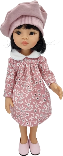 Różowa sukienka w kwiatuszki z białym kołnierzykiem, różowy berecik dla lalki Paola Reina Amigas 32 cm
