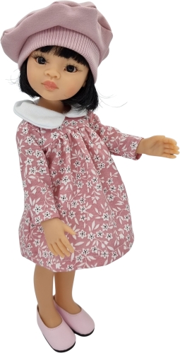 Różowa sukienka w kwiatuszki z białym kołnierzykiem, różowy berecik dla lalki Paola Reina Amigas 32 cm