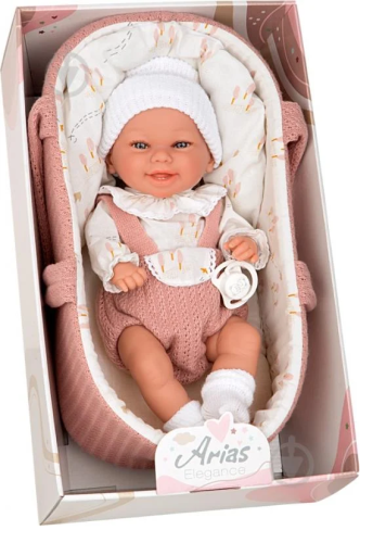 Lalka Hiszpańska 33 cm Arias 60729 cała z winylu, bobas dziewczynka, w ubranku, smoczek, nosidełko
