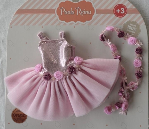 Oryginalne ubranko Paola Reina dla lalki 32 cm Amigas 54446 różowe body baletowe, wianuszek na głowę