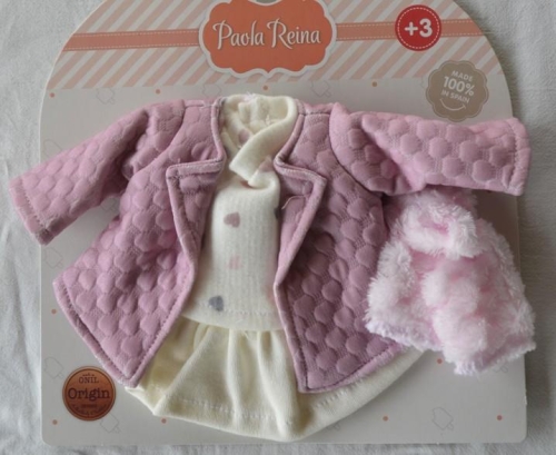 Oryginalne ubranko Paola Reina dla lalki 32 cm Amigas 54722,  bluzeczka, spódniczka, różowa kurteczka, majteczki, ocieplacze na nogi