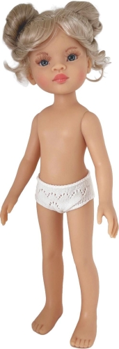 Lalka Hiszpańska 32 cm Paola Reina Amigas 14880 Manica, klasyczna, cała z winylu, w majteczkach, bez ubranka, popielate blond włosy spięte w koczki, niebieskie oczy