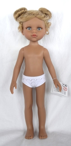 Lalka Hiszpańska 32 cm Paola Reina Amigas 14867 Luciana, klasyczna, cała z winylu, w majteczkach, bez ubranka, śniada skóra, blond włosy spięte w koczki, szaro-niebieskie oczy