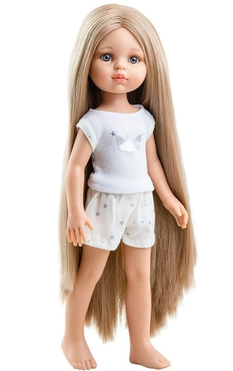 Lalka Hiszpańska 32 cm Paola Reina Amigas 13212 Carla + pudełko, klasyczna, cała z winylu, w piżamce, długie do kostek proste blond włosy, szaro-niebieskie oczy