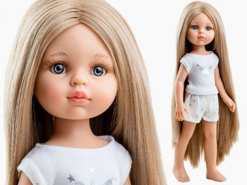 Lalka Hiszpańska 32 cm Paola Reina Amigas 13212 Carla + pudełko, klasyczna, cała z winylu, w piżamce, długie do kostek proste blond włosy, szaro-niebieskie oczy