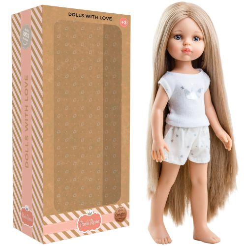 Lalka Hiszpańska 32 cm Paola Reina Amigas 13212 Carla + pudełko, klasyczna, cała z winylu, w piżamce, długie do kostek proste blond włosy, szaro-niebieskie oczy