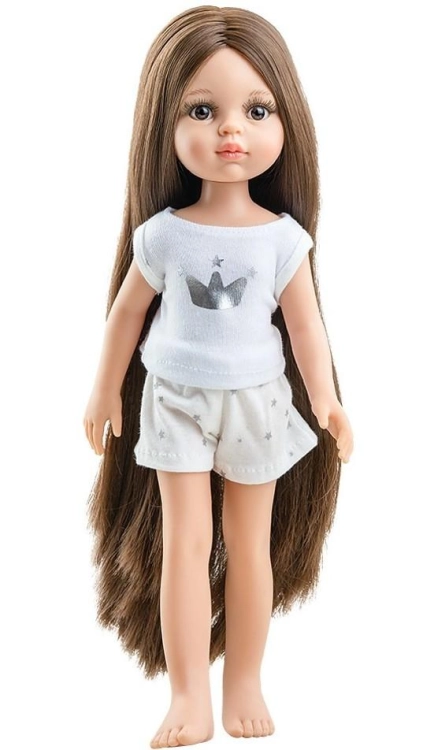Lalka Hiszpańska 32 cm Paola Reina Amigas 13213 Carol + pudełko, klasyczna, cała z winylu, w piżamce, długie do kostek proste brązowe włosy, brązowe oczy