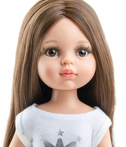 Lalka Hiszpańska 32 cm Paola Reina Amigas 13213 Carol + pudełko, klasyczna, cała z winylu, w piżamce, długie do kostek proste brązowe włosy, brązowe oczy