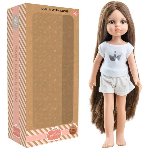 Lalka Hiszpańska 32 cm Paola Reina Amigas 13213 Carol + pudełko, klasyczna, cała z winylu, w piżamce, długie do kostek proste brązowe włosy, brązowe oczy