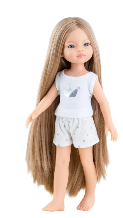 Lalka Hiszpańska 32 cm Paola Reina Amigas 13208 Manica + pudełko, klasyczna, cała z winylu, w piżamce, długie do kostek proste blond włosy, niebieskie oczy