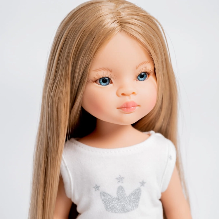 Lalka Hiszpańska 32 cm Paola Reina Amigas 13208 Manica + pudełko, klasyczna, cała z winylu, w piżamce, długie do kostek proste blond włosy, niebieskie oczy