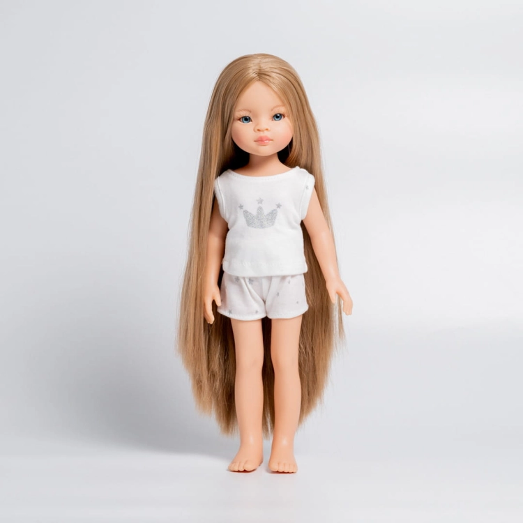 Lalka Hiszpańska 32 cm Paola Reina Amigas 13208 Manica + pudełko, klasyczna, cała z winylu, w piżamce, długie do kostek proste blond włosy, niebieskie oczy