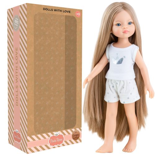 Lalka Hiszpańska 32 cm Paola Reina Amigas 13208 Manica + pudełko, klasyczna, cała z winylu, w piżamce, długie do kostek proste blond włosy, niebieskie oczy