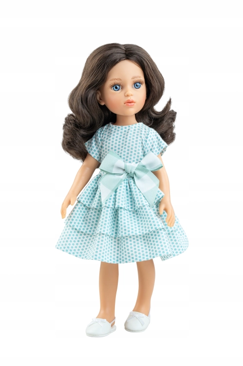 Lalka Hiszpańska 32 cm Paola Reina Amigas 04727 Coti, klasyczna, cała z winylu, niebieskie oczy, brązowe włosy, sukienka z falbankami, białe buciki