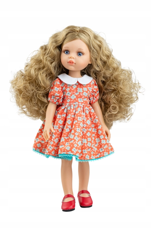 Lalka Hiszpańska 32 cm Paola Reina Amigas 04723 Carla, klasyczna, cała z winylu, niebieskie oczy, kręcone blond włosy, czerwona sukienka w niebieskie kwiatuszki z białym kołnierzykiem, buciki