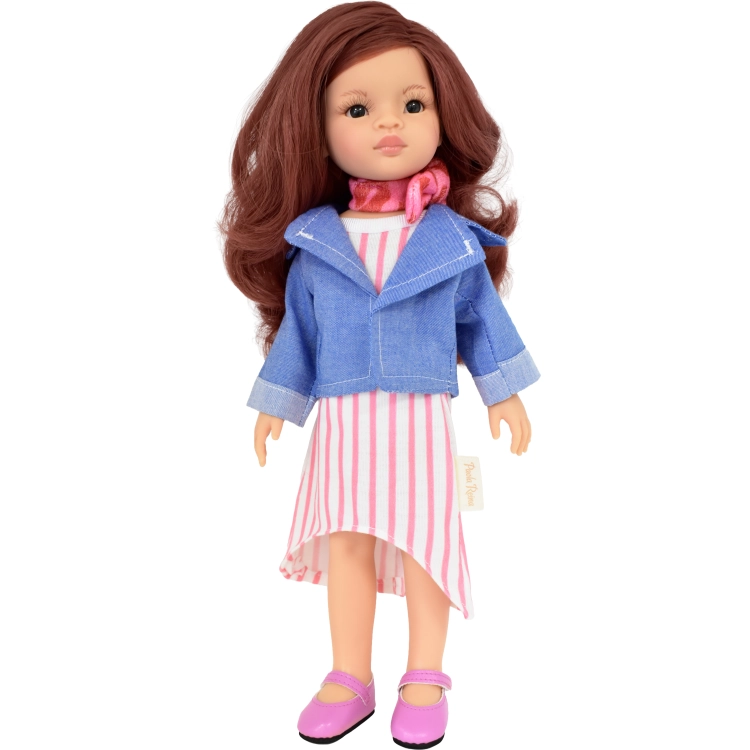 Lalka Hiszpańska 32 cm Paola Reina Amigas 04541 Roxana, klasyczna, cała z winylu, ciemne oczy, kasztanowe włosy, kurteczka, sukienka w paseczki, apaszka, buciki
