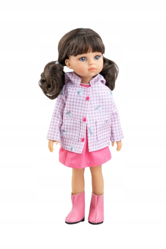 Lalka Hiszpańska 32 cm Paola Reina Amigas 04732 Carol, klasyczna, cała z winylu, niebieskie oczy, brązowe włosy spięte w dwa kucyki, kurteczka z kapturem, sukienka, majteczki, buciki