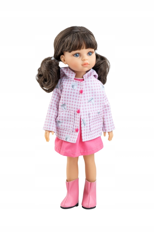 Lalka Hiszpańska 32 cm Paola Reina Amigas 04732 Carol, klasyczna, cała z winylu, niebieskie oczy, brązowe włosy spięte w dwa kucyki, kurteczka z kapturem, sukienka, majteczki, buciki