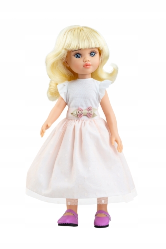 Lalka Hiszpańska 32 cm Paola Reina Amigas 04734 Clara, klasyczna, cała z winylu, niebieskie oczy, blond włosy z grzywką, bluzka, długa spódnica, majteczki, buciki