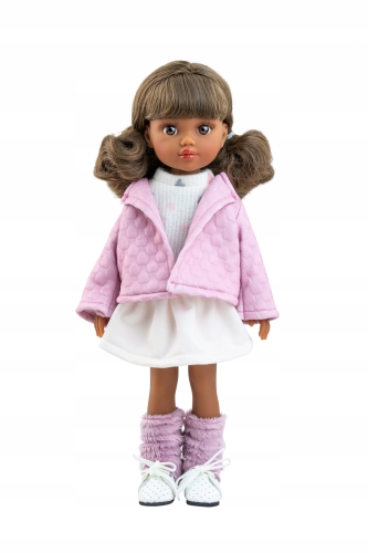 Lalka Hiszpańska 32 cm Paola Reina Amigas 047322 Kim, klasyczna, cała z winylu, ciemna skóra, brązowe oczy, brązowe włosy spięte w dwa kucyki, kurteczka,bluzka, spódniczka, majteczki, ocieplacze na nogi, buciki
